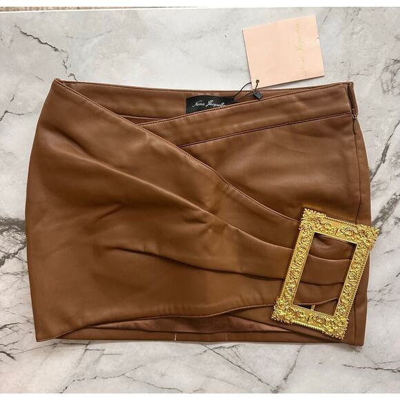 New w tags Nana Jacqueline Brown leather Mini Skirt size XS with gold frame - Picture 3 of 10